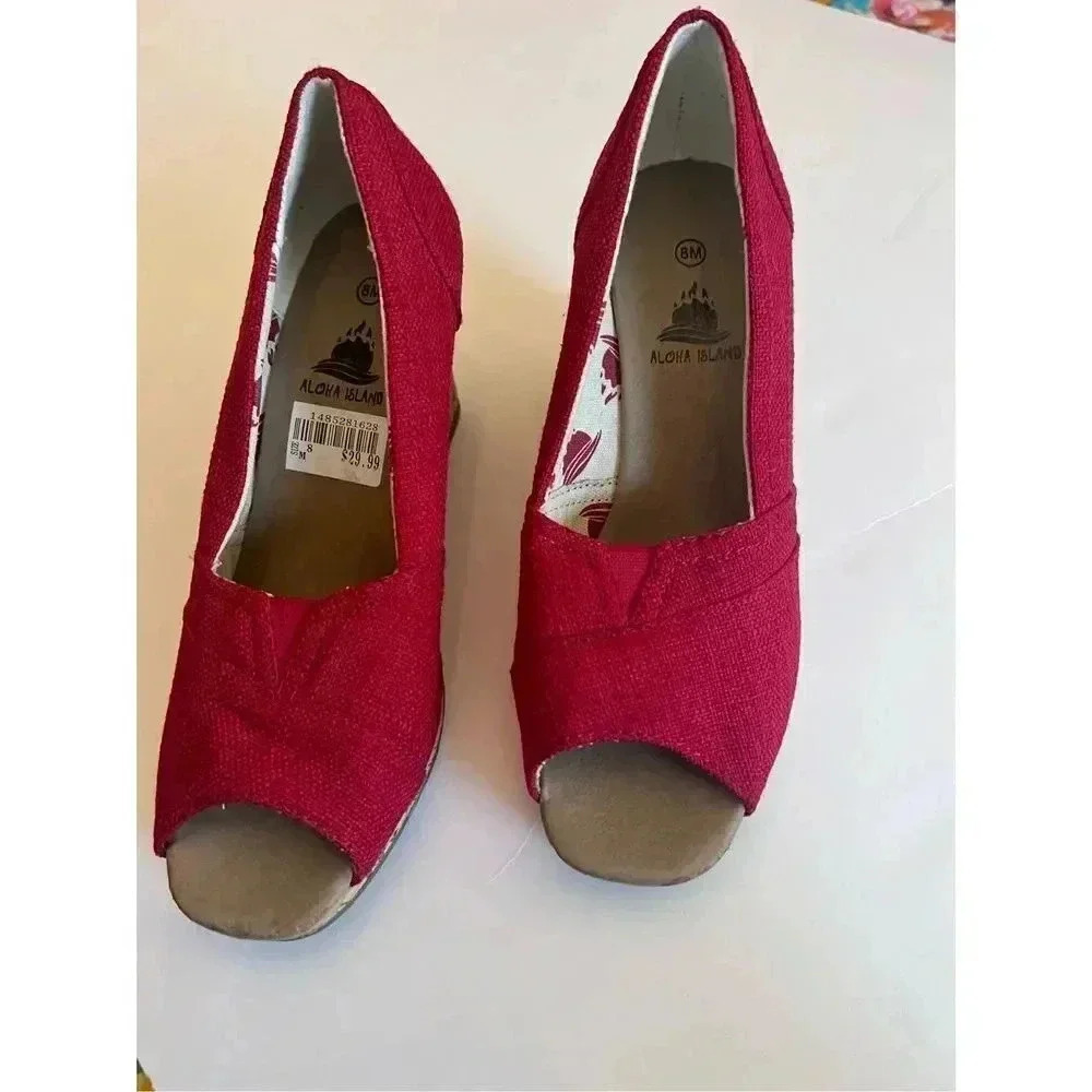 Aloha Island Red Canvas Peep Toe Cork Wedge Platform Summer Shoes Size 8